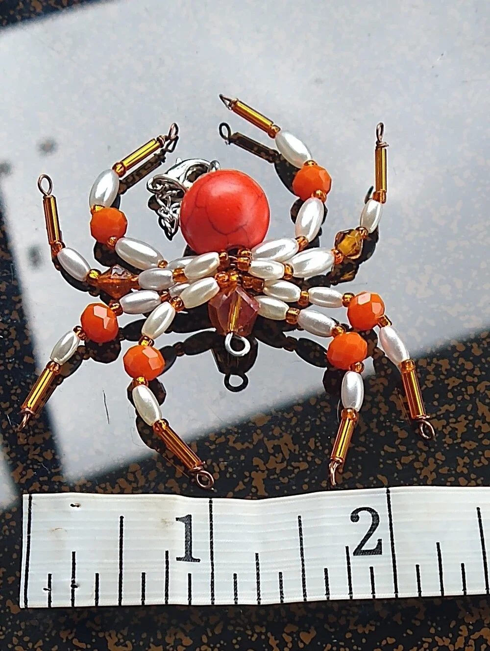Handmade Orange & White Beaded Spider Pendant